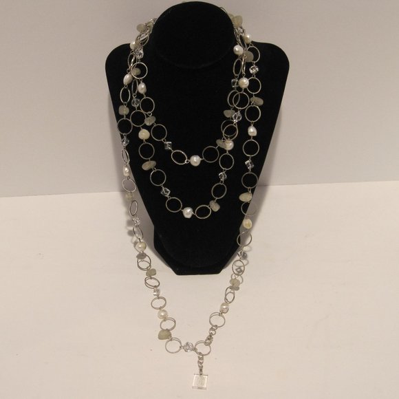 ASKA Long Chain Layered Necklace Silver Toned White Beads Clear Square Pendant - Picture 3 of 13